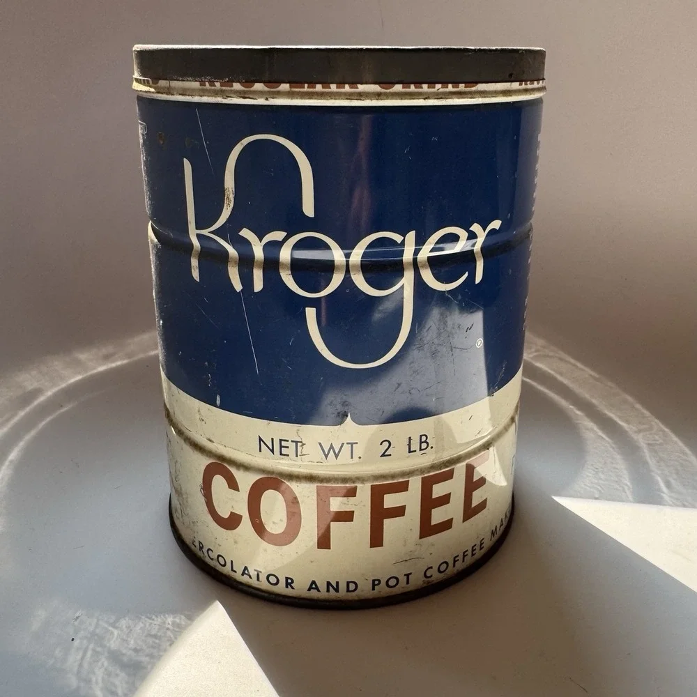 VTG 50s 60s Kroger Coffee Tin Can 2 Pound Metal Regular Grind Prop Advertising